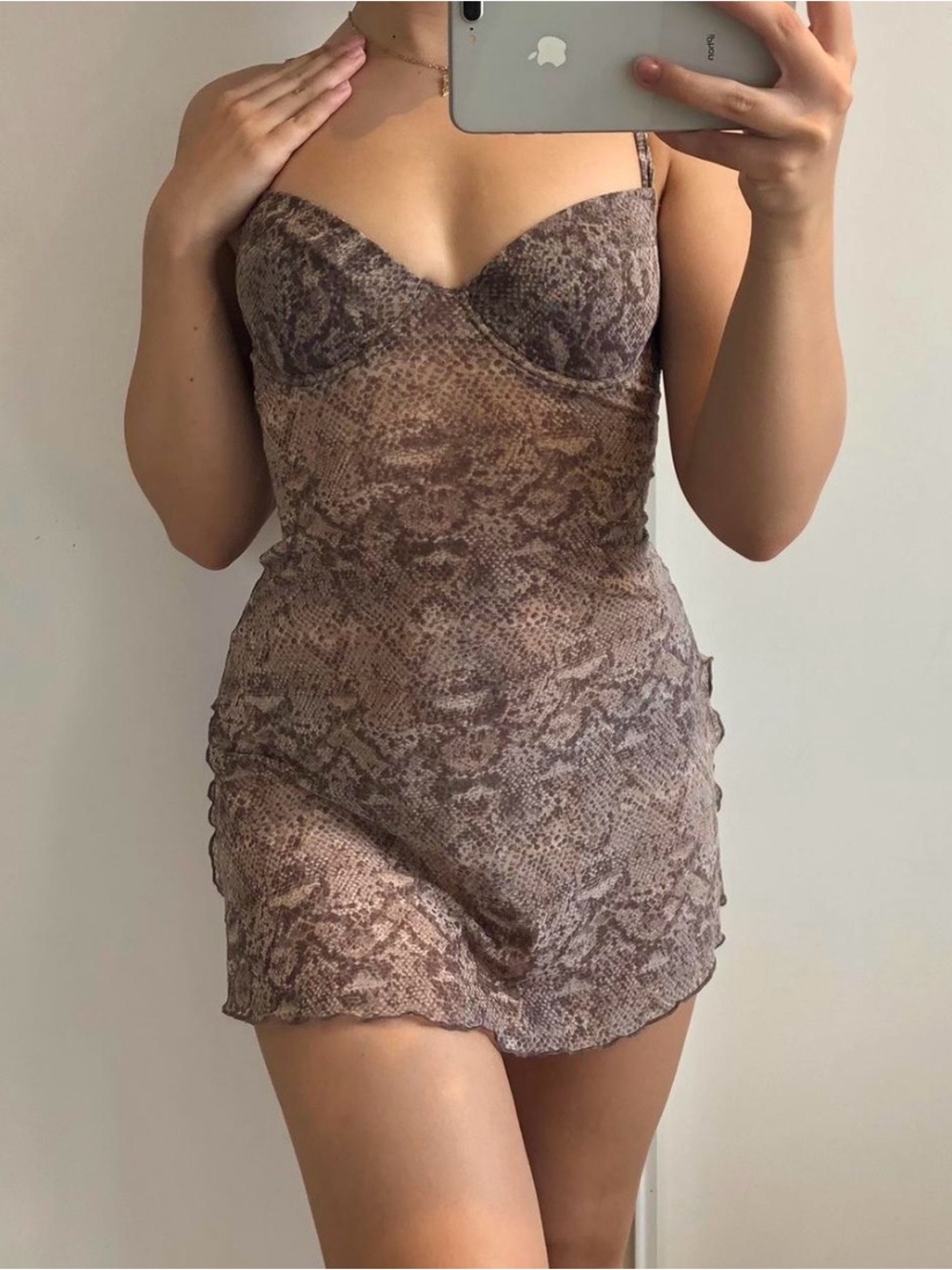 Snake-Print Sheer Chemise Slip Dress in Brown